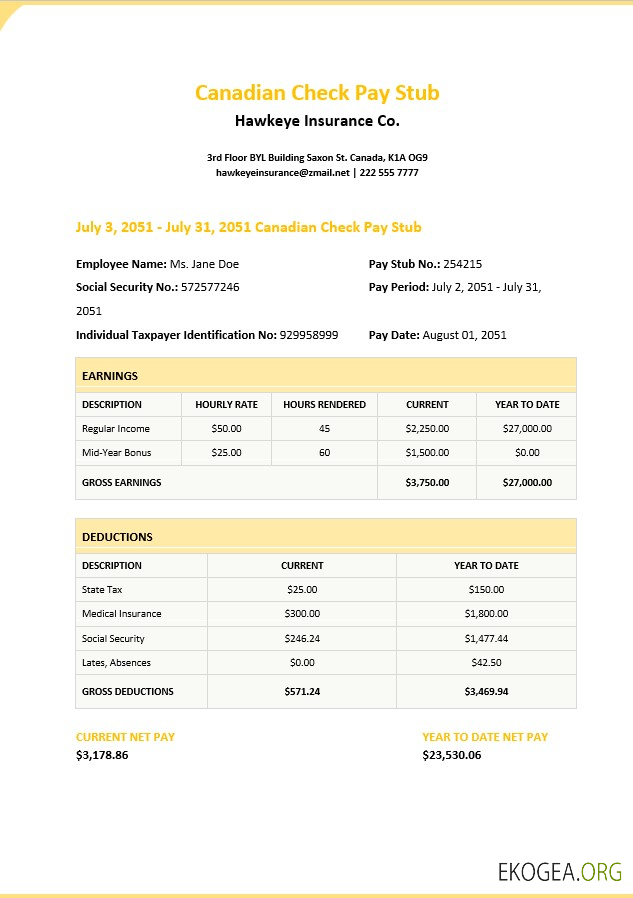 Modèle de talon de paie de chèque canadien